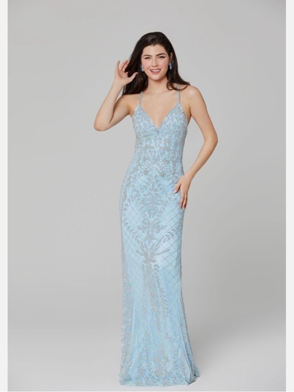 Primavera Couture Powder Blue Beaded Backless Evening Gown